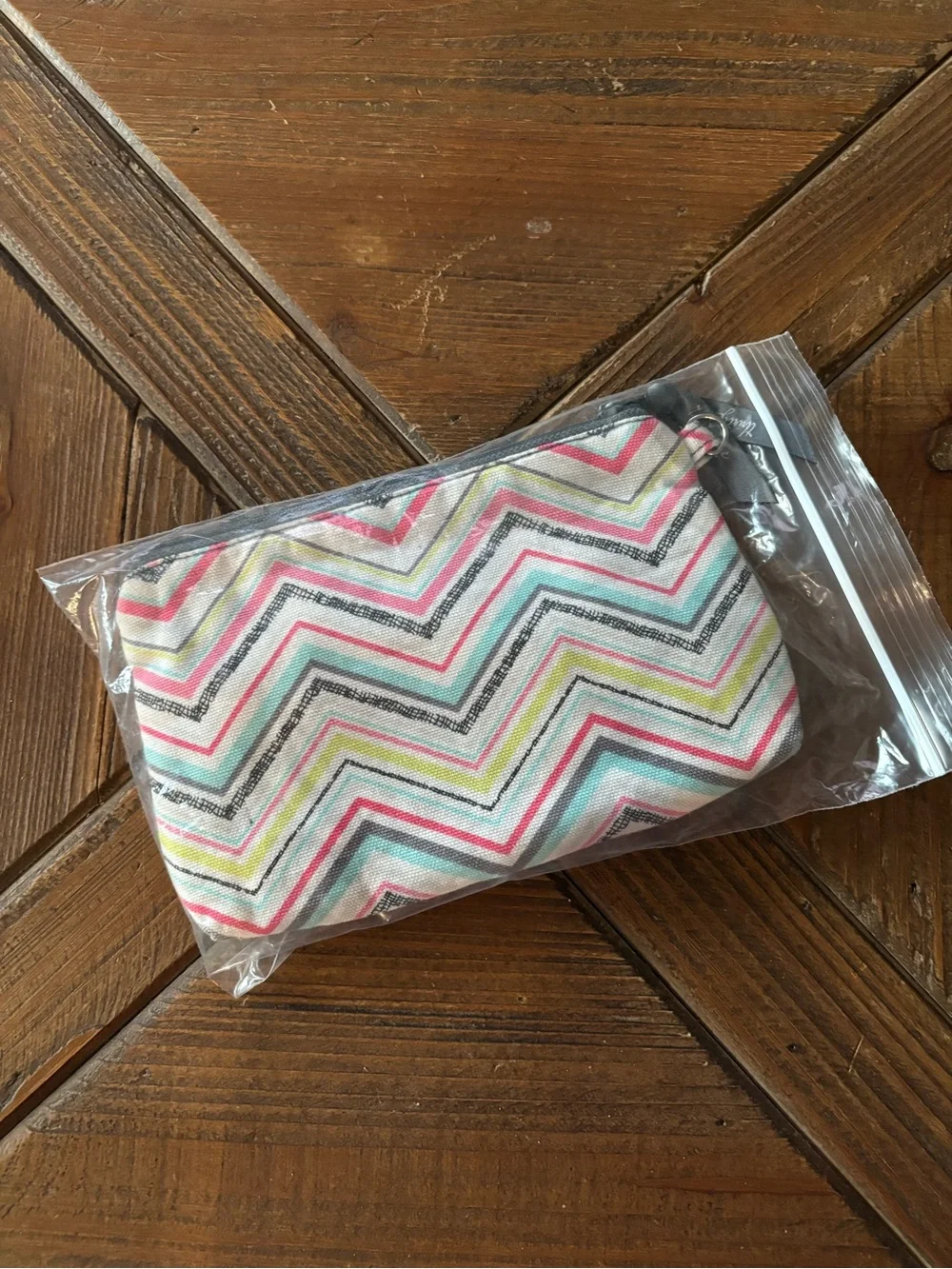 Chevron Print Makeup Pouch - Neutral with Pink & Aqua - Unknown Brand